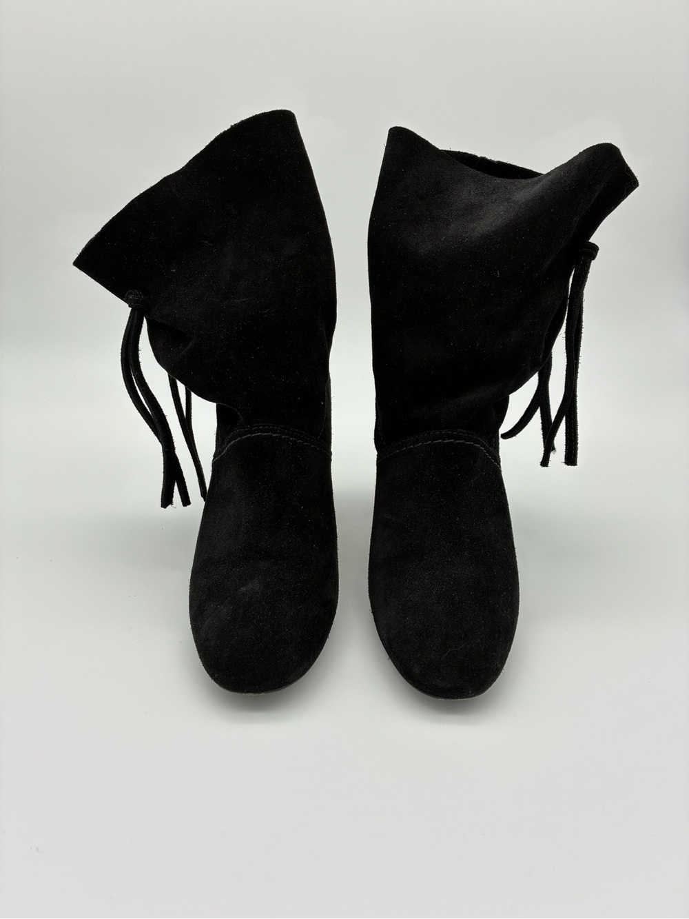 Tory Burch - Gigi Black Suede Ankle Boot with Gold-Trim Block Heel Fringe Tassel